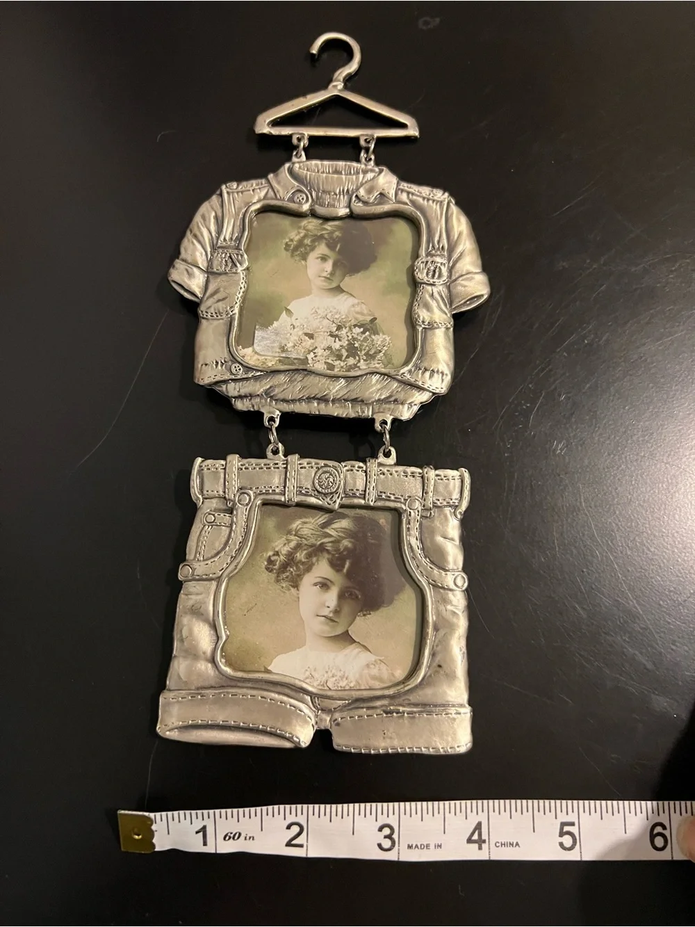 Metal Double Frame Wall Hanging in Silver with Vintage Portraits